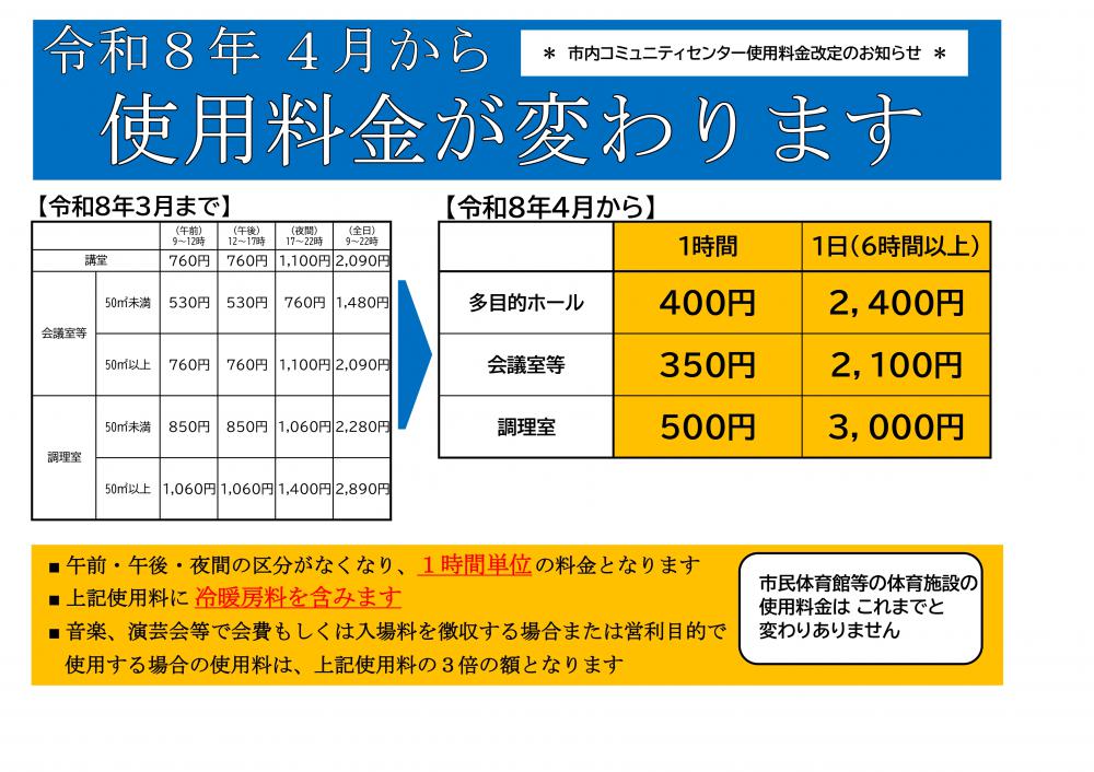 令和8年4月からコミセン使用料金が変わります!