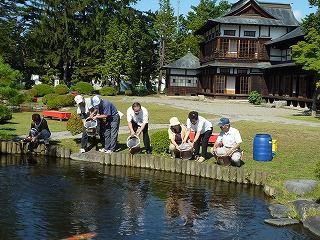 上杉神社の池でＥＭ浄化活動始まりました。