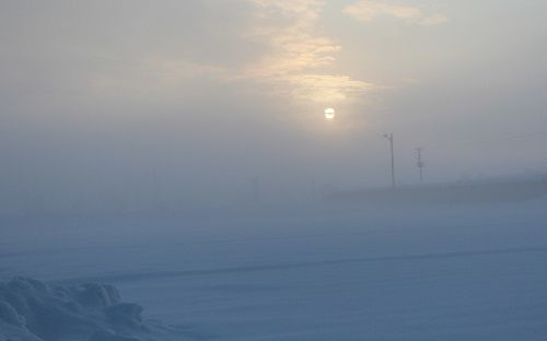 今朝は冷えました（氷点下１４度）　朝霧の中のお日様
