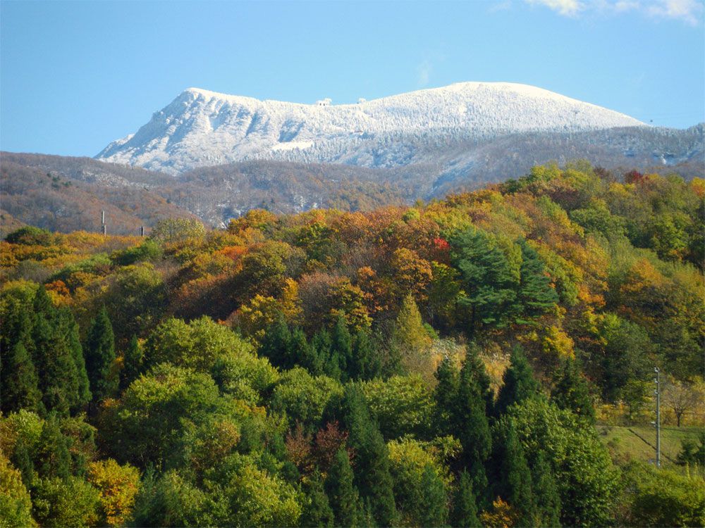 蔵王の雪と紅葉のコントラスト