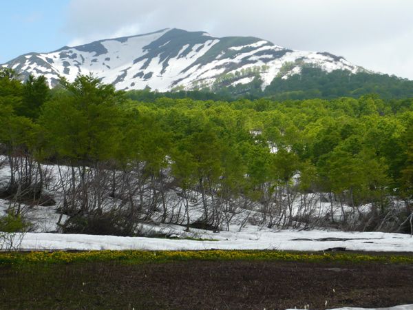 湯殿山を背景に