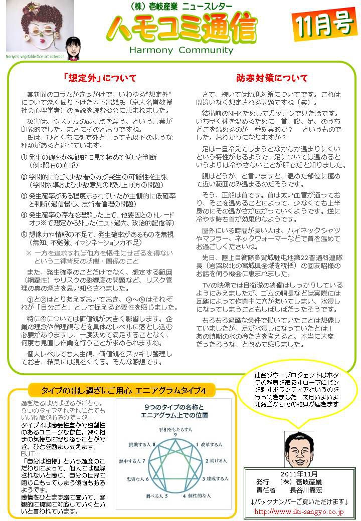 ハモコミ通信2011年11月号「想定外」・「防寒対策」