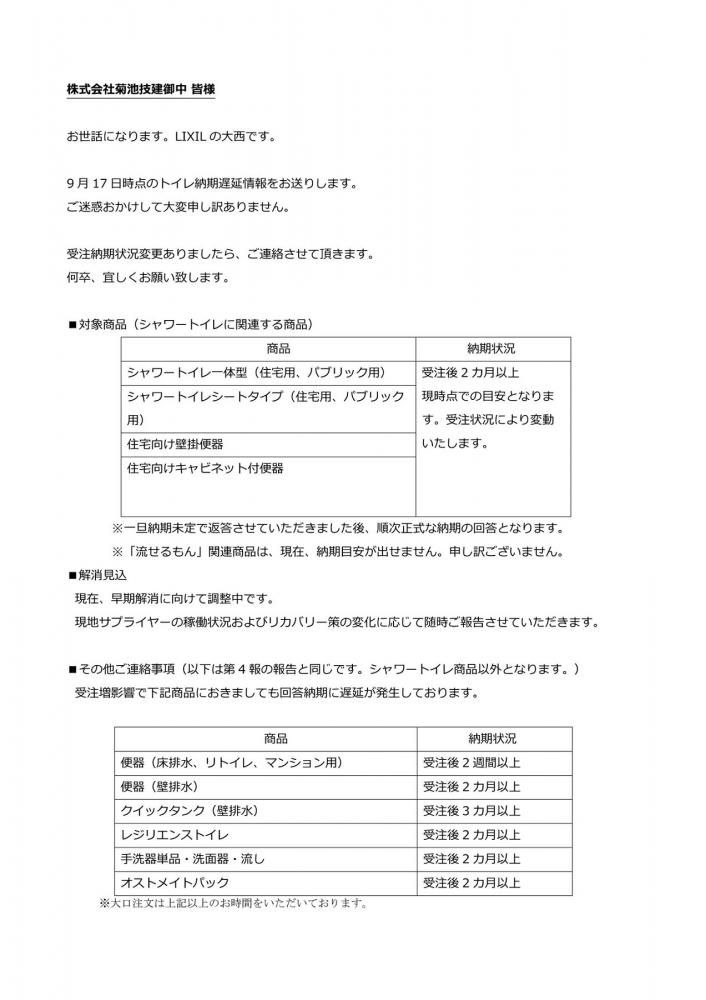 トイレ納期遅延情報（LIXIL）