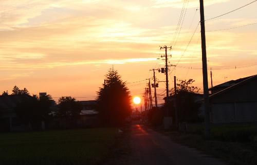 ようやく秋の夕焼け　東の空には三日月、夕日に映えるススキの穂もほんのり色づいている