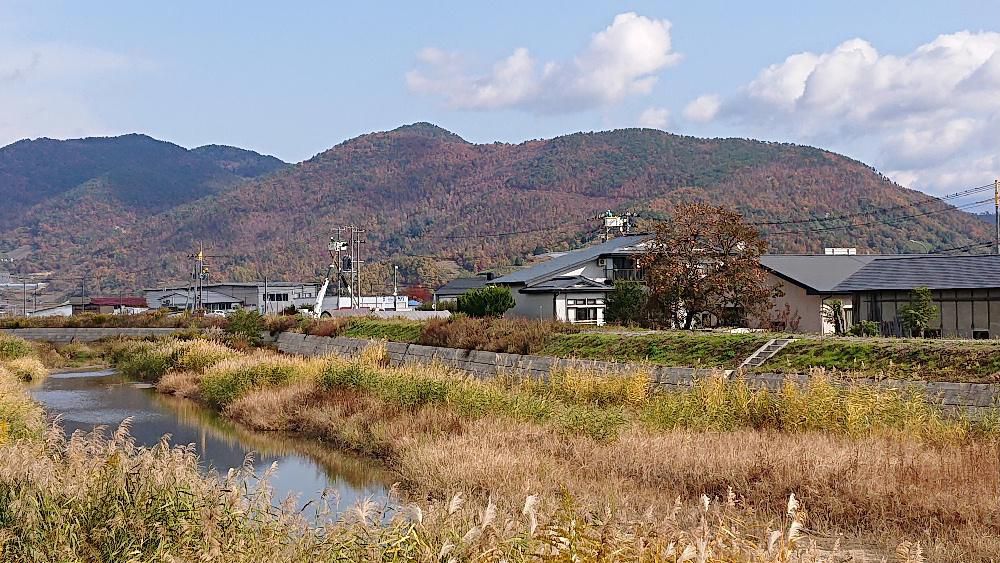 晩秋の吉野川がキラキラと輝き周りの山々や草で秋色に包んでいます　秋もそろそろ終わりに近づいてきました　寂しくなりますねえ