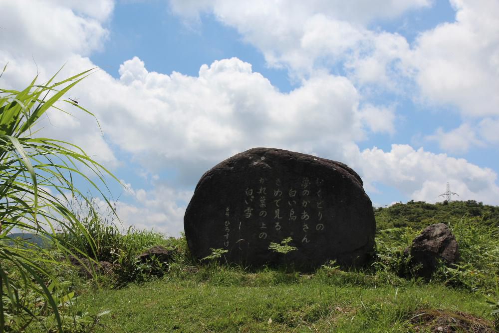 どうしても撮りたい風景があって高畠町の鳩峰峠に上りました　車を走らせること３０分曲がりくねった狭い道を上り頂上付近の駐車場に到着しました　車を降りると涼しい風が吹き浜田廣介の記念碑とともに　トンボやバッタも見つけました　かすかに秋の気配を感じさせてくれるひと時となりました　山地でなければ見れない草花もさいていましたので明日以降にこのブログでアップします