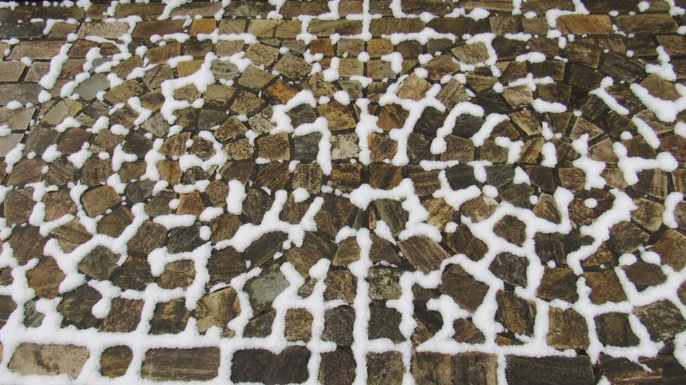 雪の造形美　大雪の予報がでていますが幸い（？）にも数センチの積雪でまだ雪かき作業は一度もやっていません　わずかに降った雪の模様に少ない雪のありがたさを感じています　地植えしている姫カスミソウにも雪の中でまだ小さな花をつけています　このまま年を越せればよいのですが年末はどうでしょうか