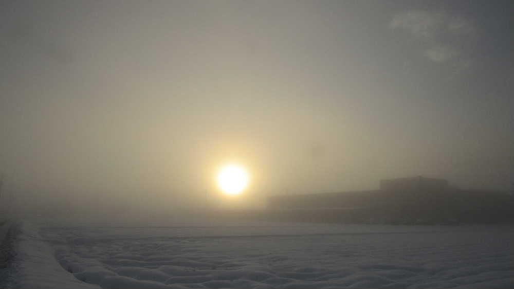 外の温度計が氷点下8度をさし深い霧に覆われています 朝日が昇り霧の間からわずかな光が雪原を照らし晴れの兆しもみえてきました 連日モノクロの墨絵のような写真ばかりですが雪が積らないだけでもありがたいです 今日は晴れの予報です ありがたいですね