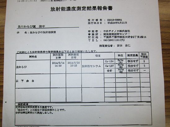 観光わらび園放射能濃度測定のお知らせ