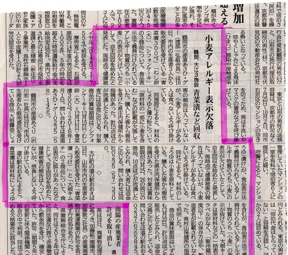 山新12月１７日の記事について