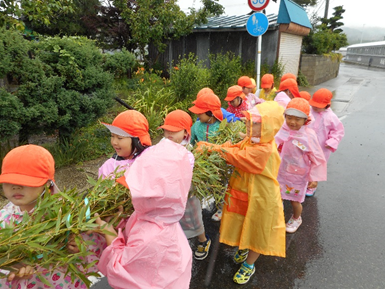 雨の中、笹竹運びに大苦戦！！（豊田児童センターの日記）
