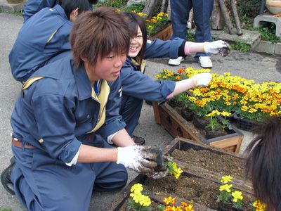 【高校生と商店街の花植え交流事業】