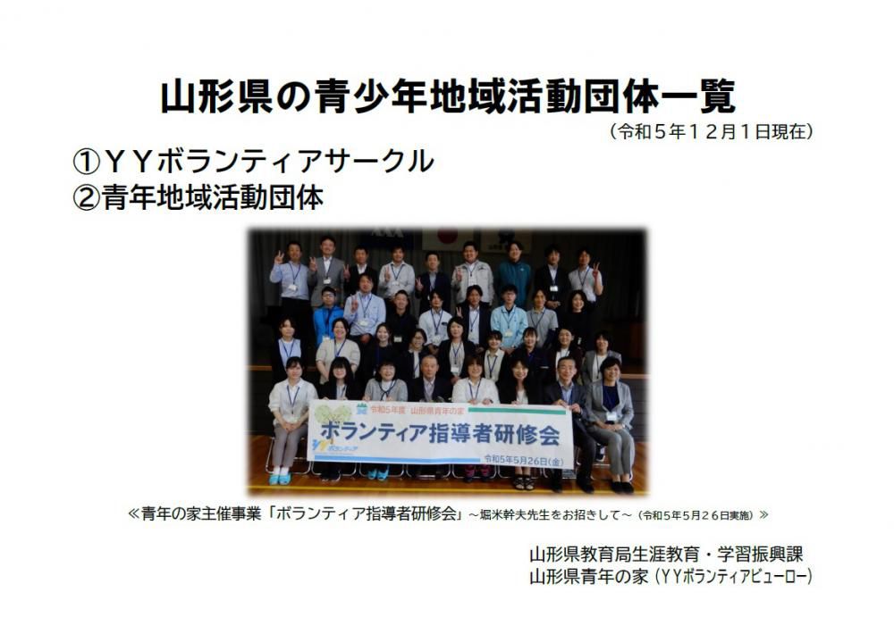 令和5年度「山形県の青少年地域活動団体一覧」（YYボランティアサークルおよび青年地域活動団体）