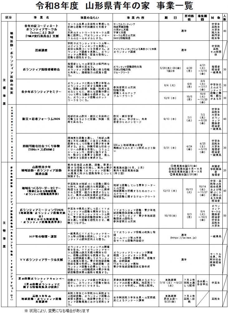 令和８年度　青年の家　「事業一覧」掲載！