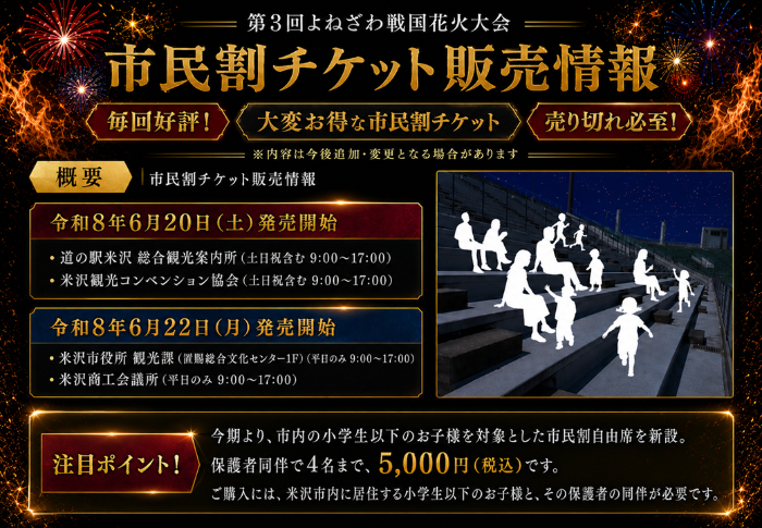 「第3回よねざわ戦国花火大会」 10/10(土)開催！～米沢市民限定！お得な市民割チケット、6/20(土)販売開始～