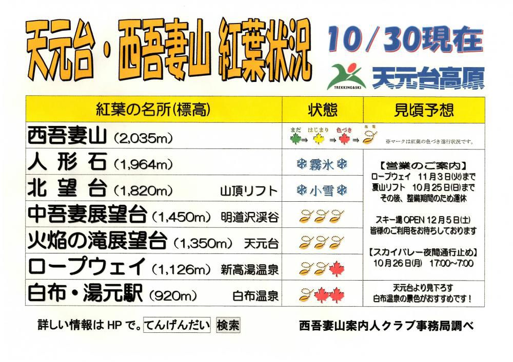 天元台・西吾妻山　紅葉情報（10/30現在）