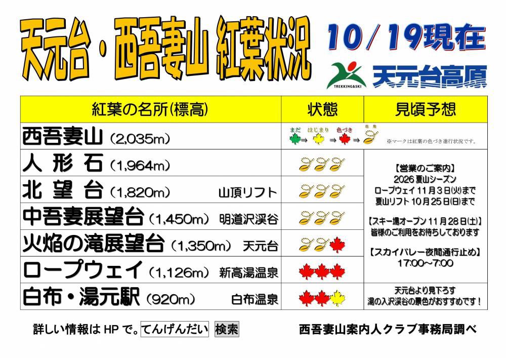 天元台・西吾妻山「紅葉情報」10月19日現在