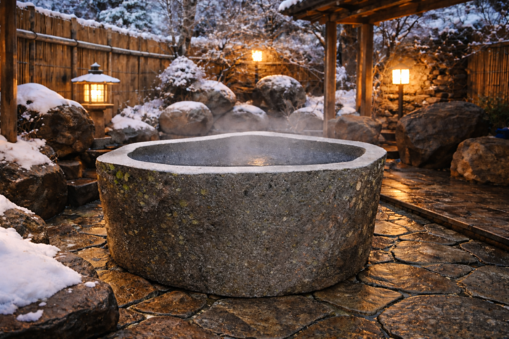 雪景色の中で味わう、蔵王石のぬくもり