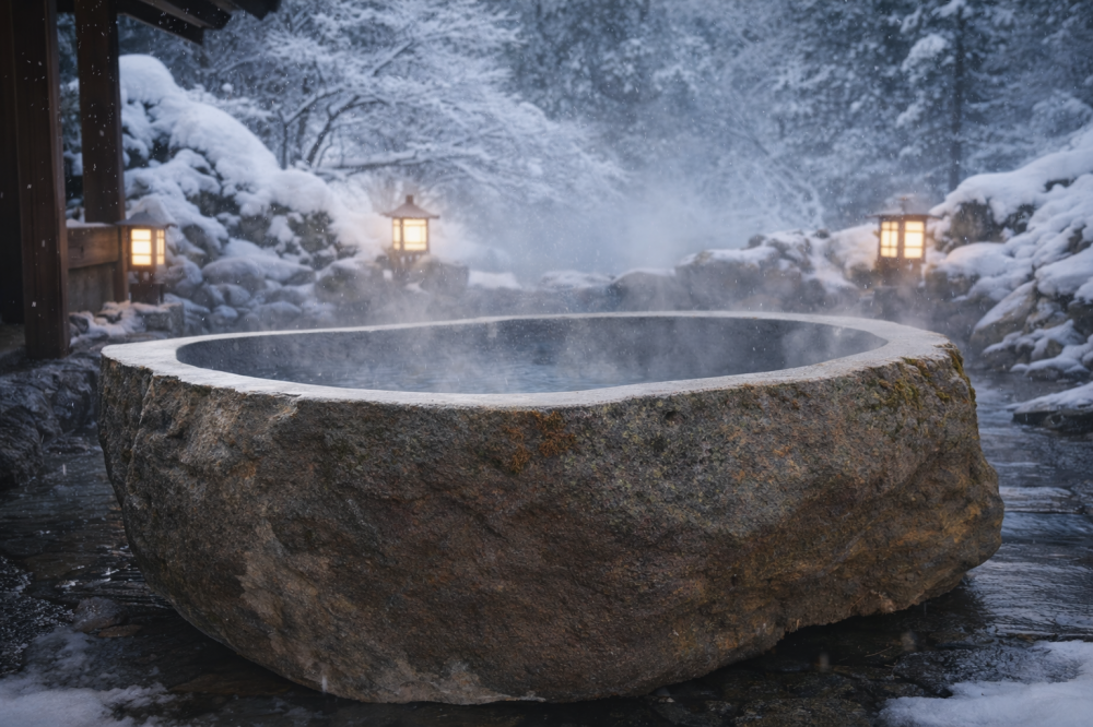 冬の静かな夕暮れに映える、蔵王の天然石風呂