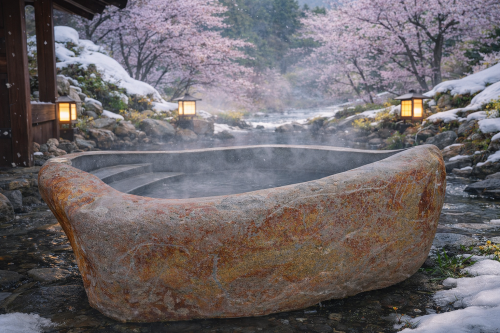 春の気配を感じる露天風呂 ― 蔵王石のぬくもりと自然の色合い