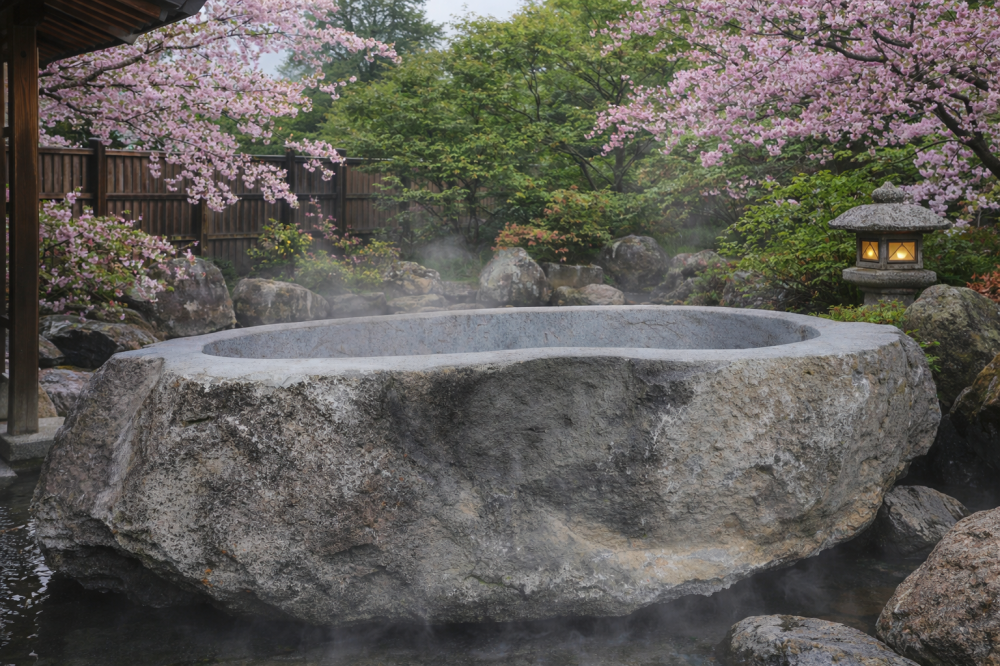 桜と新緑に包まれる露天風呂 ― 蔵王石がつくる春のひととき